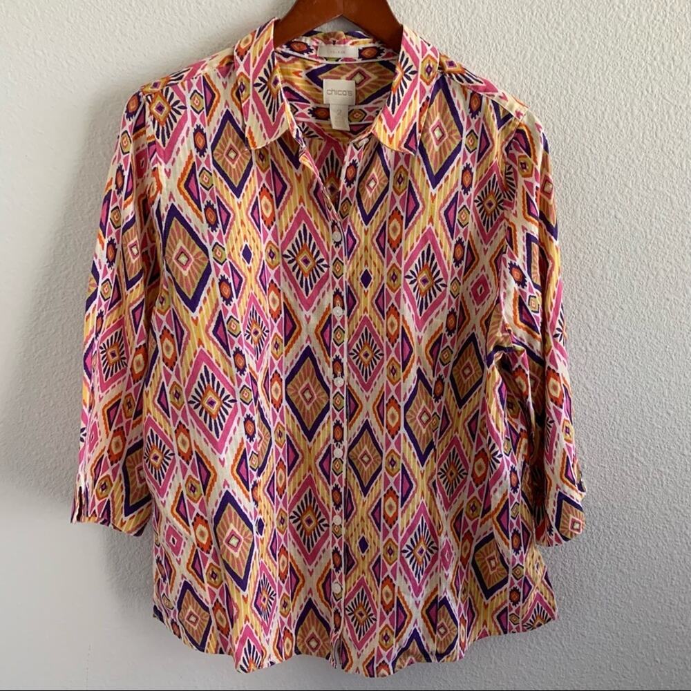 Chico's No Iron 100% Linen Geometric Top Chico's 2 - Large